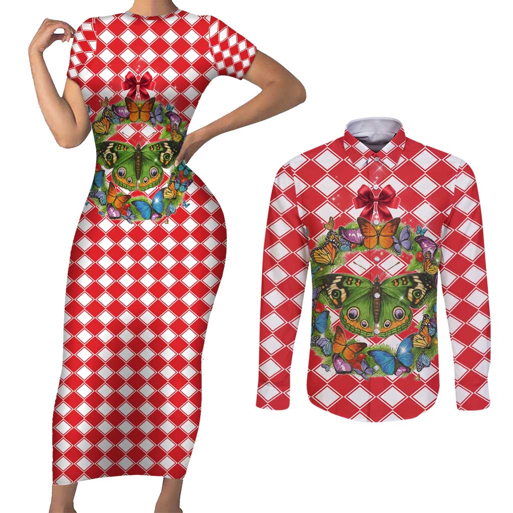 Christmas Butterfly Wreath Couples Matching Short Sleeve Bodycon Dress and Long Sleeve Button Shirt Xmas Holiday Patterns - Wonder Print Shop