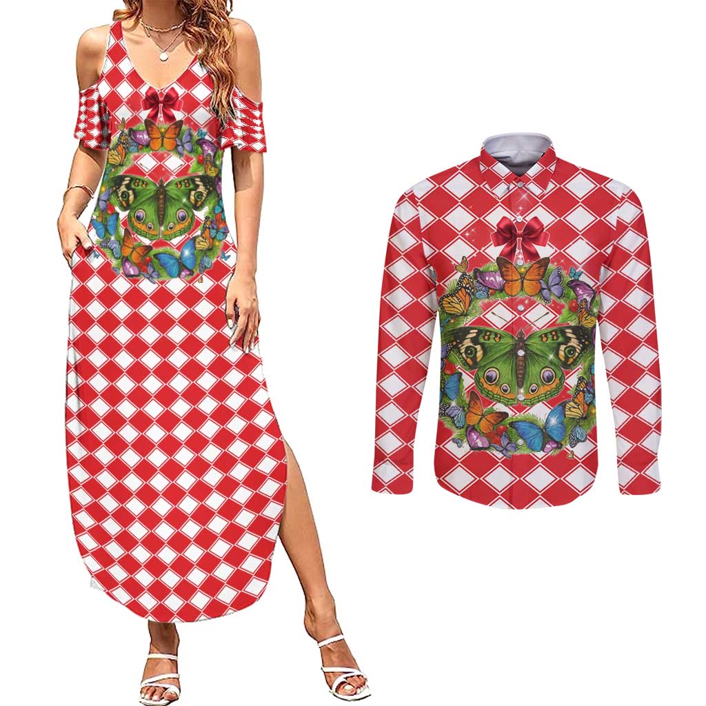 Christmas Butterfly Wreath Couples Matching Summer Maxi Dress and Long Sleeve Button Shirt Xmas Holiday Patterns - Wonder Print Shop