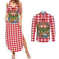 Christmas Butterfly Wreath Couples Matching Summer Maxi Dress and Long Sleeve Button Shirt Xmas Holiday Patterns - Wonder Print Shop