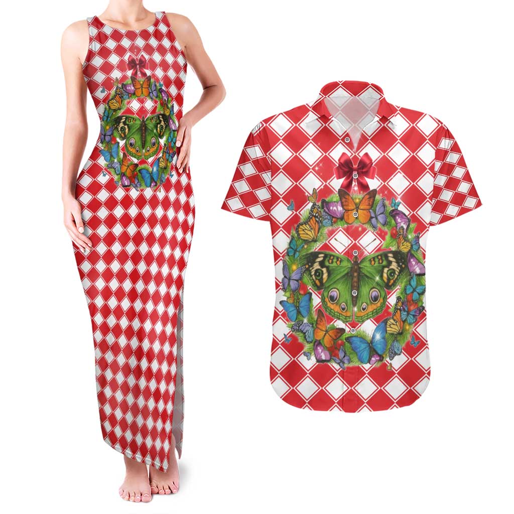 Christmas Butterfly Wreath Couples Matching Tank Maxi Dress and Hawaiian Shirt Xmas Holiday Patterns - Wonder Print Shop