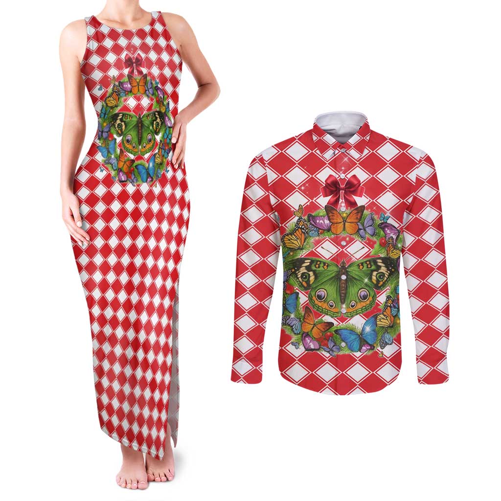 Christmas Butterfly Wreath Couples Matching Tank Maxi Dress and Long Sleeve Button Shirt Xmas Holiday Patterns - Wonder Print Shop