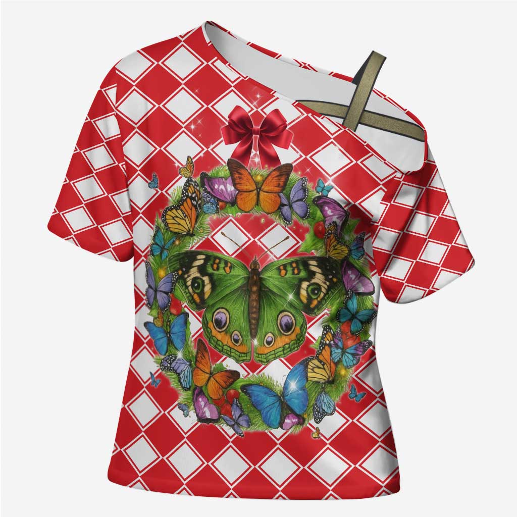 Christmas Butterfly Wreath Cross Shoulder Shirt Xmas Holiday Patterns - Wonder Print Shop