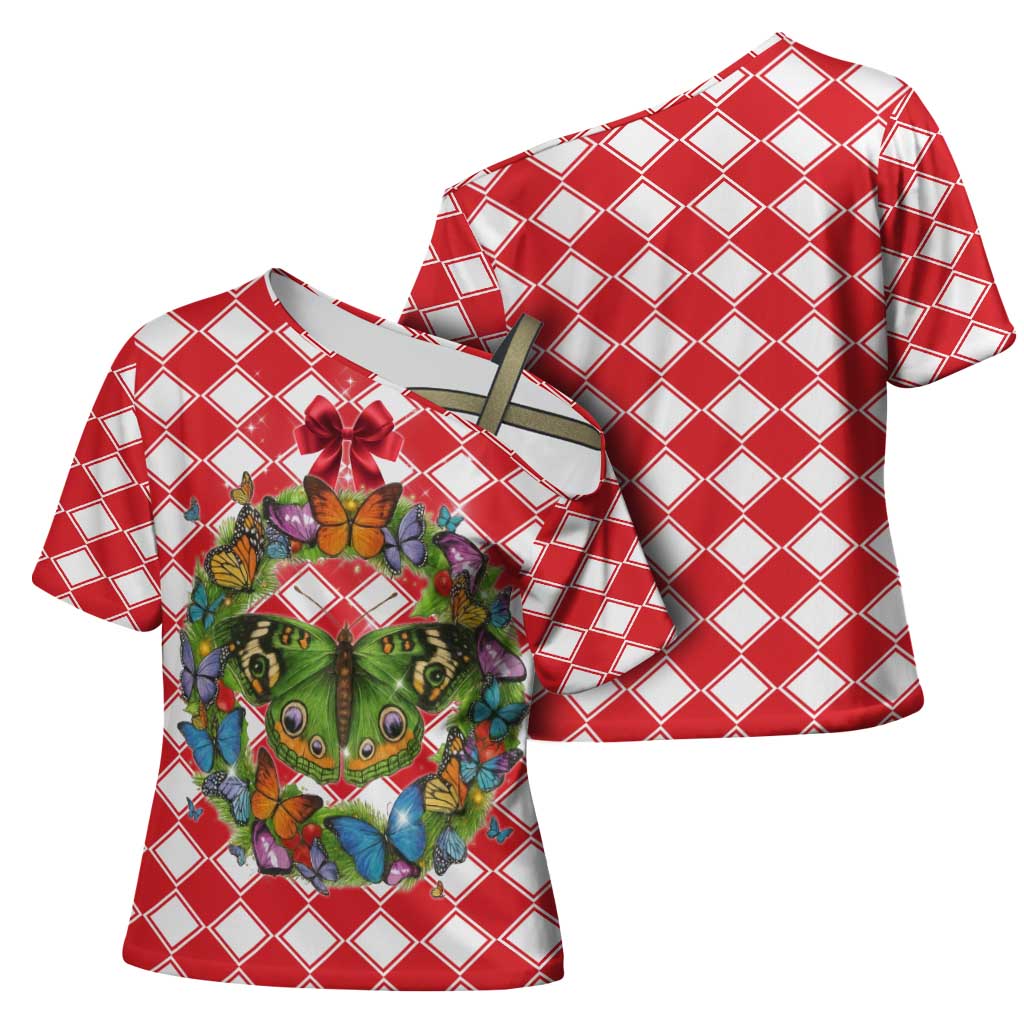 Christmas Butterfly Wreath Cross Shoulder Shirt Xmas Holiday Patterns - Wonder Print Shop