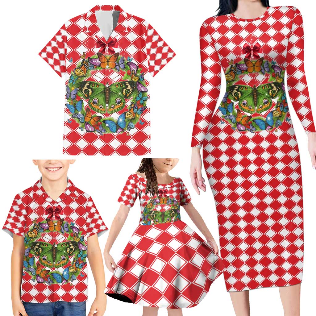 Christmas Butterfly Wreath Family Matching Long Sleeve Bodycon Dress and Hawaiian Shirt Xmas Holiday Patterns - Wonder Print Shop