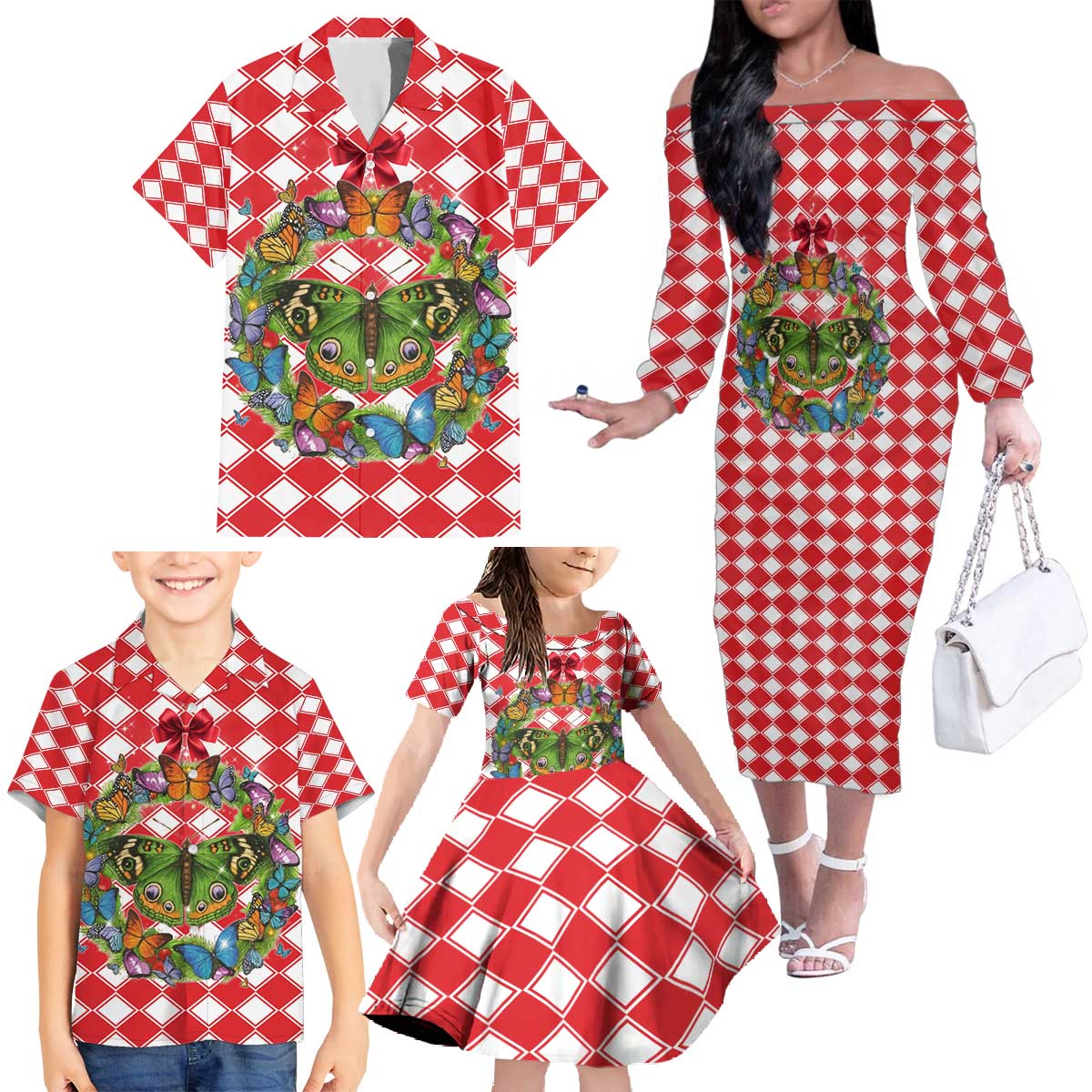 Christmas Butterfly Wreath Family Matching Off The Shoulder Long Sleeve Dress and Hawaiian Shirt Xmas Holiday Patterns - Wonder Print Shop