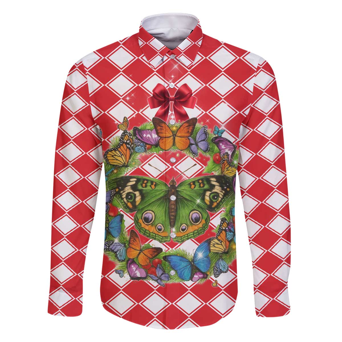 Christmas Butterfly Wreath Family Matching Off The Shoulder Long Sleeve Dress and Hawaiian Shirt Xmas Holiday Patterns - Wonder Print Shop