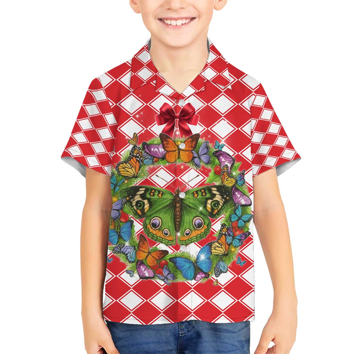 Christmas Butterfly Wreath Family Matching Off The Shoulder Long Sleeve Dress and Hawaiian Shirt Xmas Holiday Patterns - Wonder Print Shop