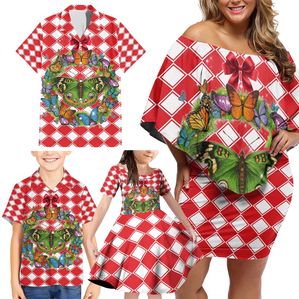 Christmas Butterfly Wreath Family Matching Off Shoulder Short Dress and Hawaiian Shirt Xmas Holiday Patterns - Wonder Print Shop