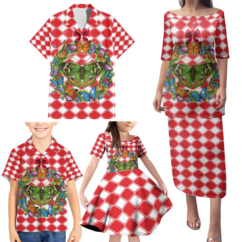 Christmas Butterfly Wreath Family Matching Puletasi and Hawaiian Shirt Xmas Holiday Patterns - Wonder Print Shop