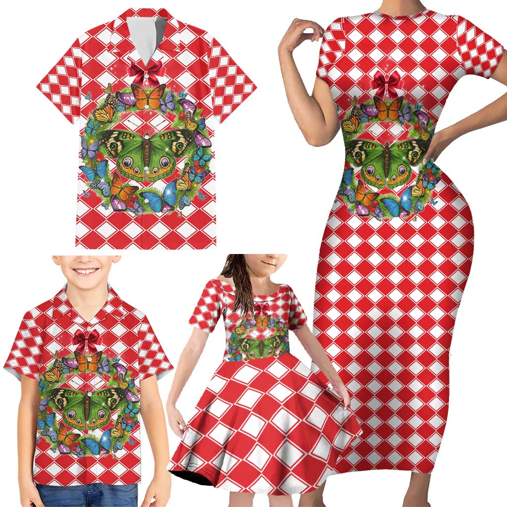 Christmas Butterfly Wreath Family Matching Short Sleeve Bodycon Dress and Hawaiian Shirt Xmas Holiday Patterns - Wonder Print Shop