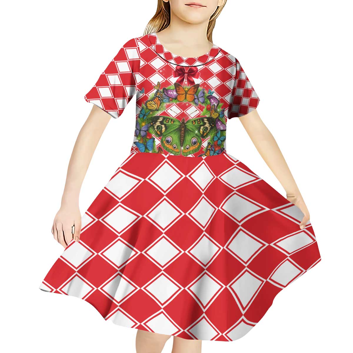 Christmas Butterfly Wreath Kid Short Sleeve Dress Xmas Holiday Patterns - Wonder Print Shop