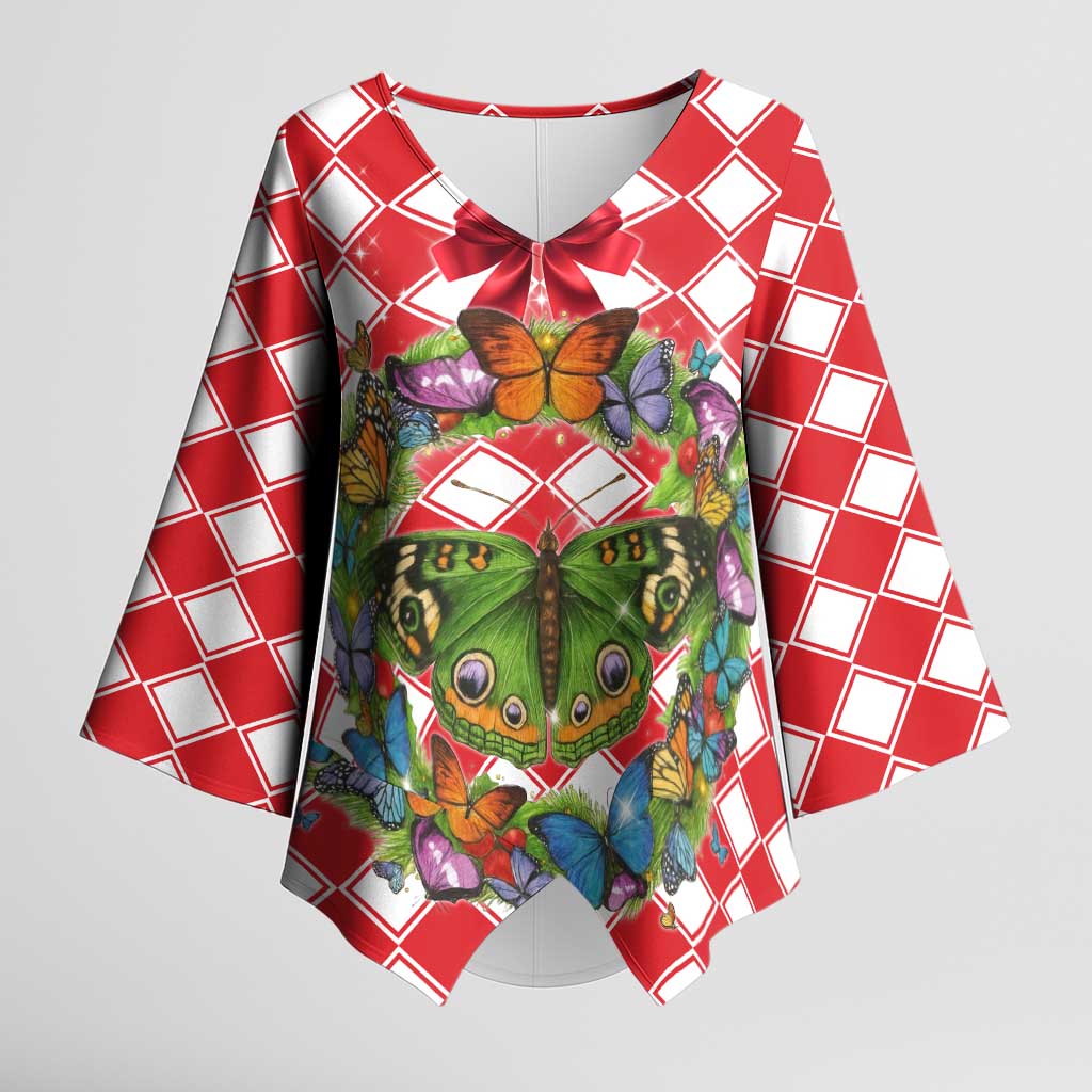 Christmas Butterfly Wreath Kimono Sleeve Blouse Xmas Holiday Patterns - Wonder Print Shop
