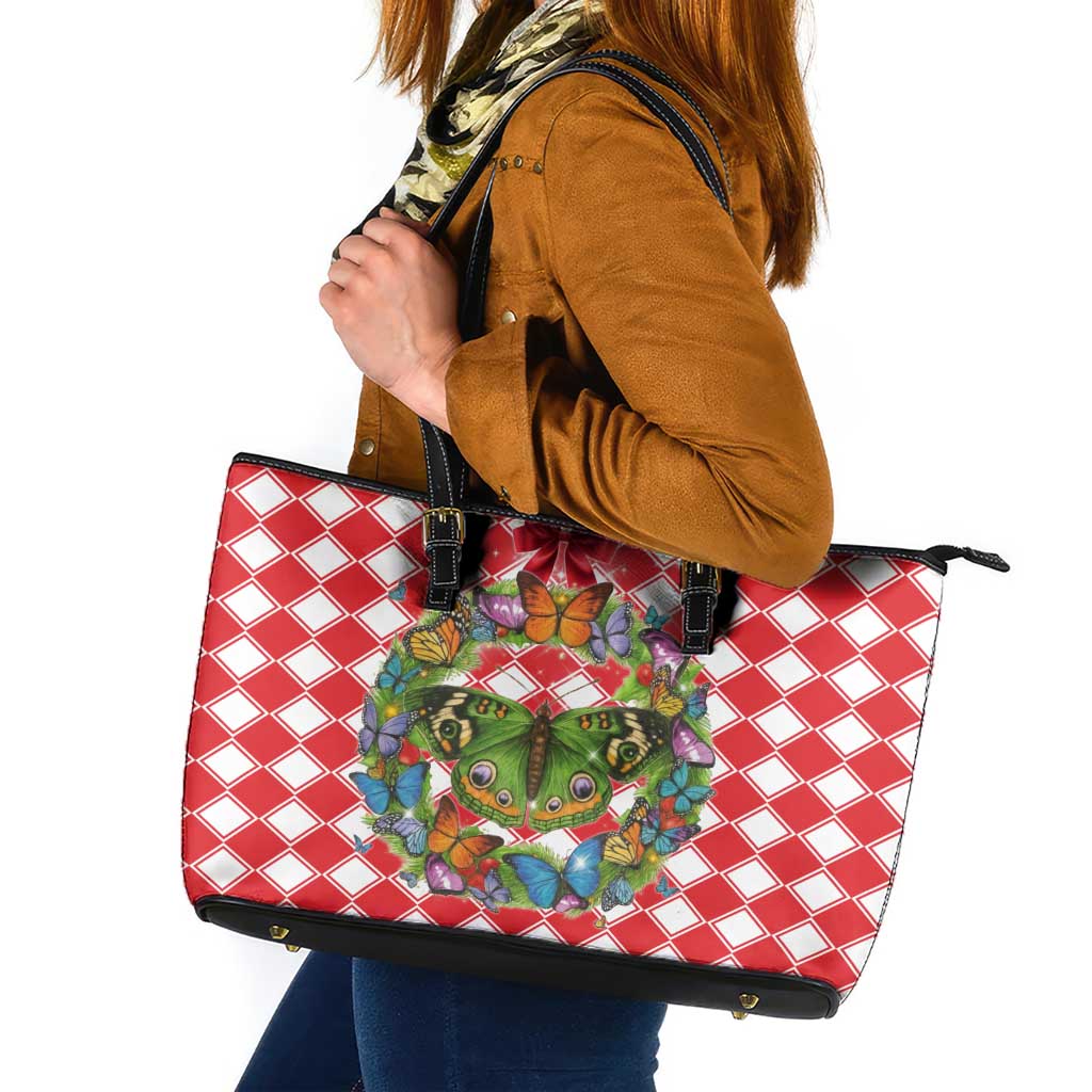 Christmas Butterfly Wreath Leather Tote Bag Xmas Holiday Patterns - Wonder Print Shop
