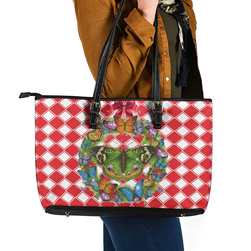Christmas Butterfly Wreath Leather Tote Bag Xmas Holiday Patterns - Wonder Print Shop