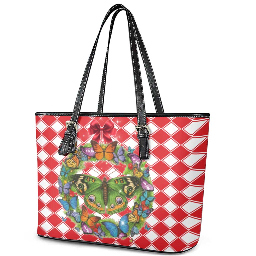 Christmas Butterfly Wreath Leather Tote Bag Xmas Holiday Patterns - Wonder Print Shop