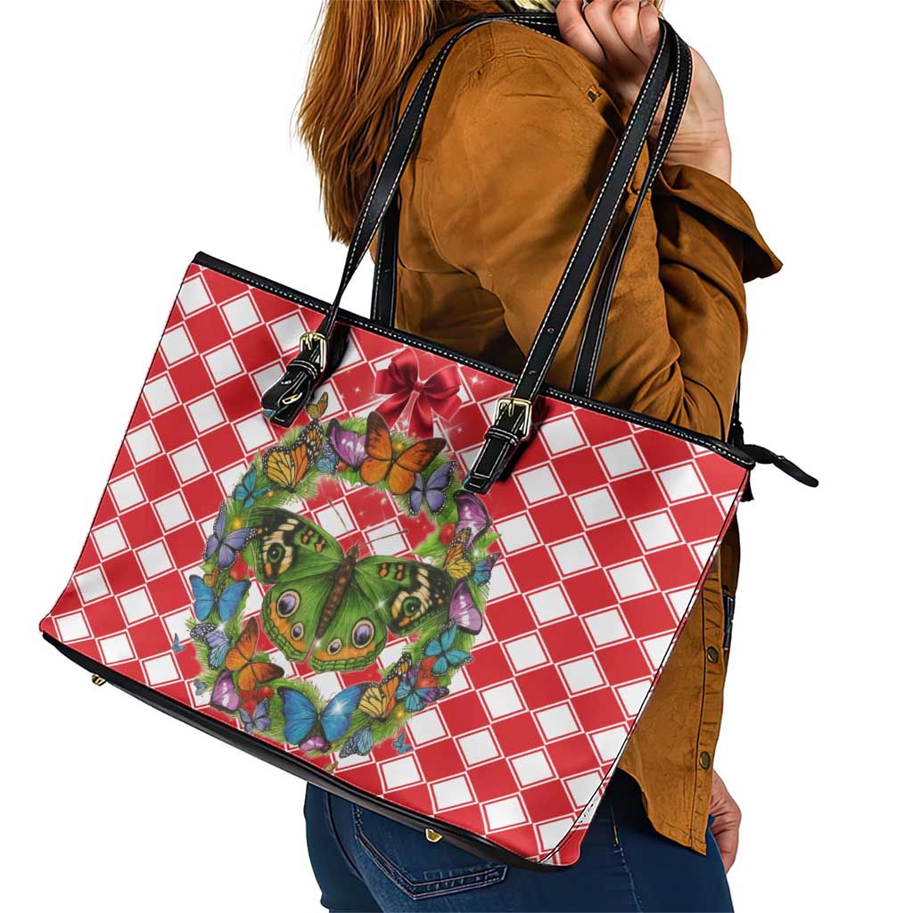 Christmas Butterfly Wreath Leather Tote Bag Xmas Holiday Patterns - Wonder Print Shop