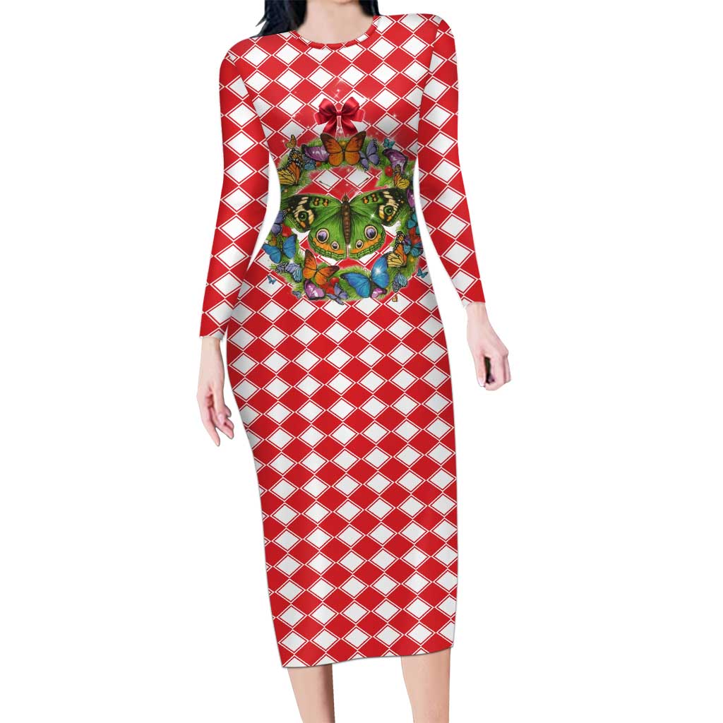 Christmas Butterfly Wreath Long Sleeve Bodycon Dress Xmas Holiday Patterns - Wonder Print Shop