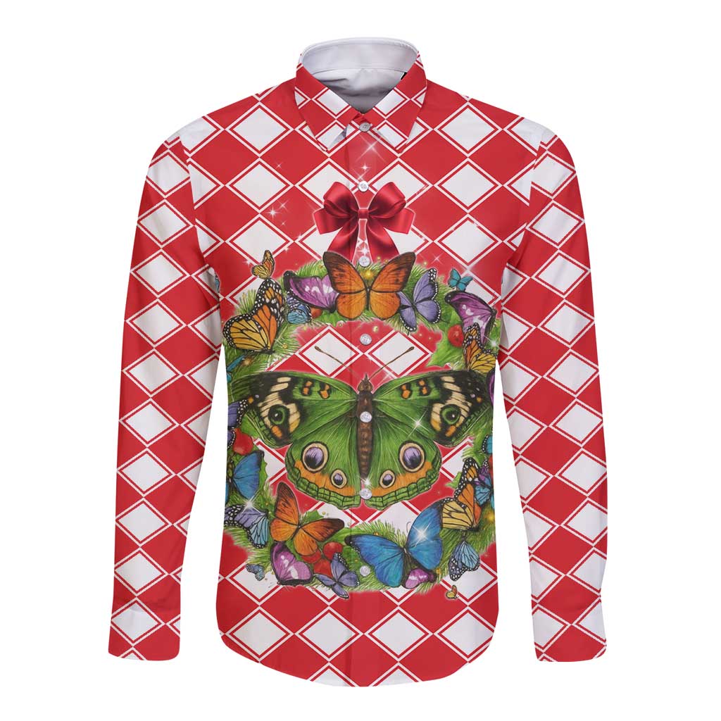 Christmas Butterfly Wreath Long Sleeve Button Shirt Xmas Holiday Patterns - Wonder Print Shop