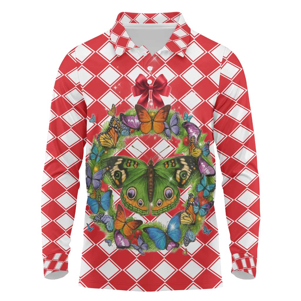 Christmas Butterfly Wreath Long Sleeve Polo Shirt Xmas Holiday Patterns - Wonder Print Shop