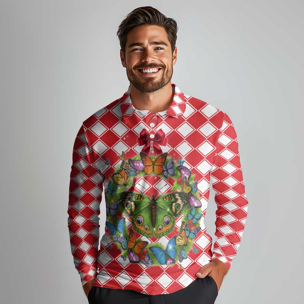 Christmas Butterfly Wreath Long Sleeve Polo Shirt Xmas Holiday Patterns - Wonder Print Shop