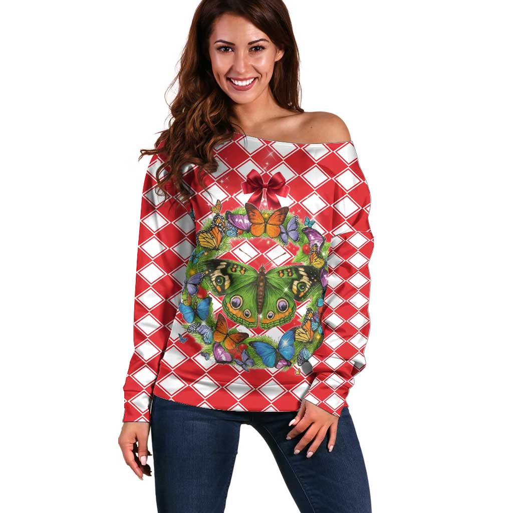 Christmas Butterfly Wreath Off Shoulder Sweater Xmas Holiday Patterns - Wonder Print Shop