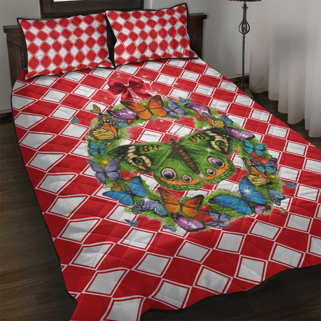 Christmas Butterfly Wreath Quilt Bed Set Xmas Holiday Patterns - Wonder Print Shop