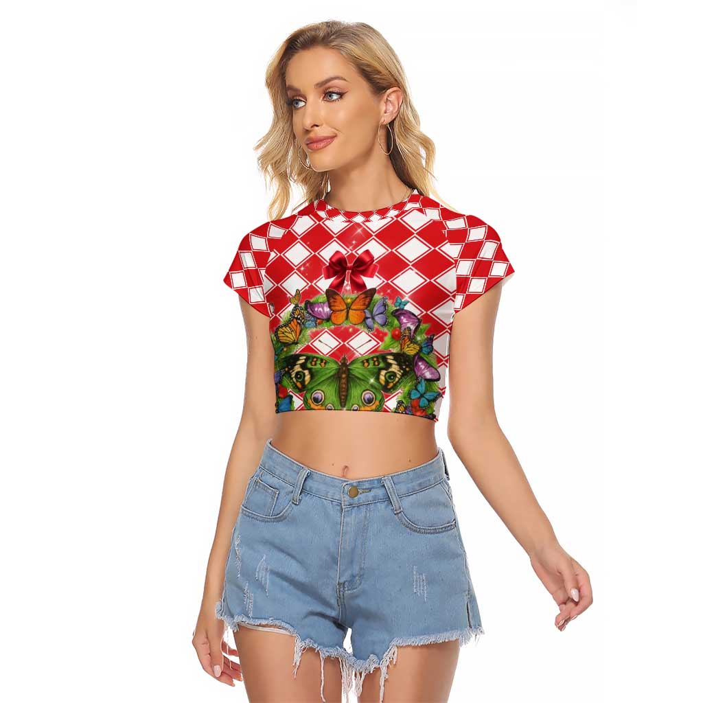 Christmas Butterfly Wreath Raglan Cropped T Shirt Xmas Holiday Patterns - Wonder Print Shop