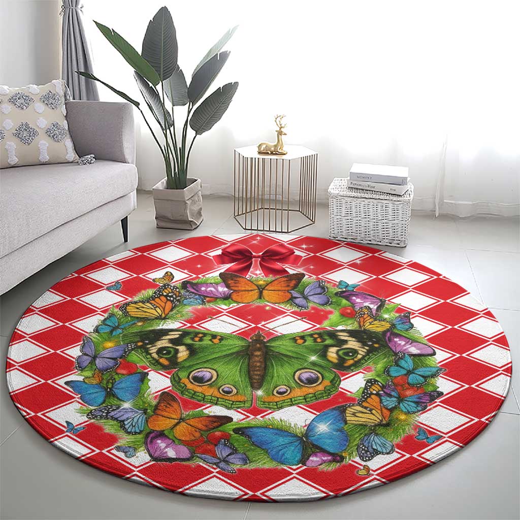 Christmas Butterfly Wreath Round Carpet Xmas Holiday Patterns - Wonder Print Shop