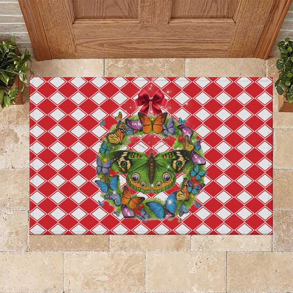 Christmas Butterfly Wreath Rubber Doormat Xmas Holiday Patterns - Wonder Print Shop