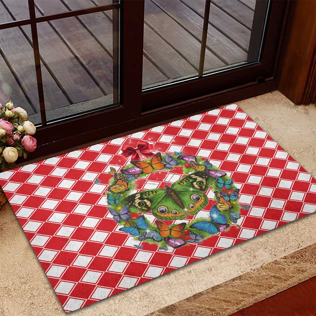 Christmas Butterfly Wreath Rubber Doormat Xmas Holiday Patterns - Wonder Print Shop