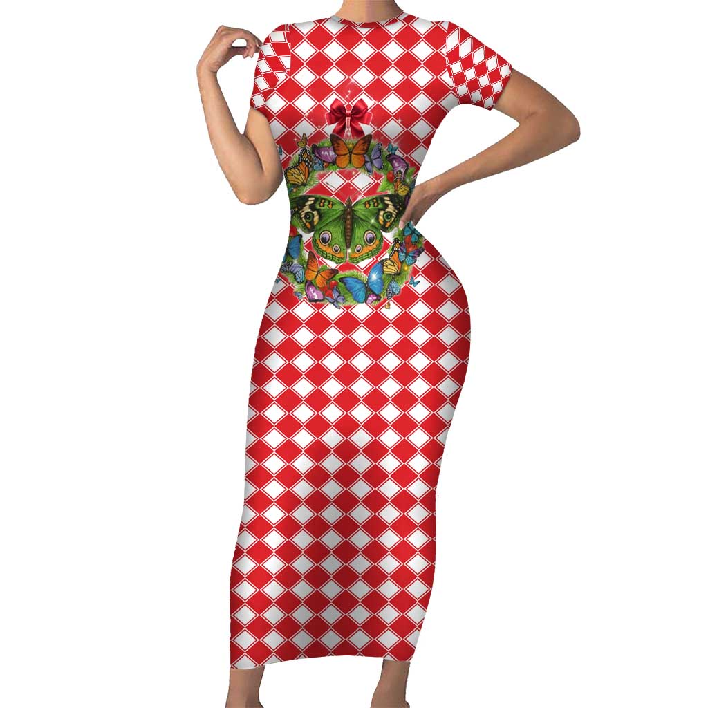 Christmas Butterfly Wreath Short Sleeve Bodycon Dress Xmas Holiday Patterns - Wonder Print Shop