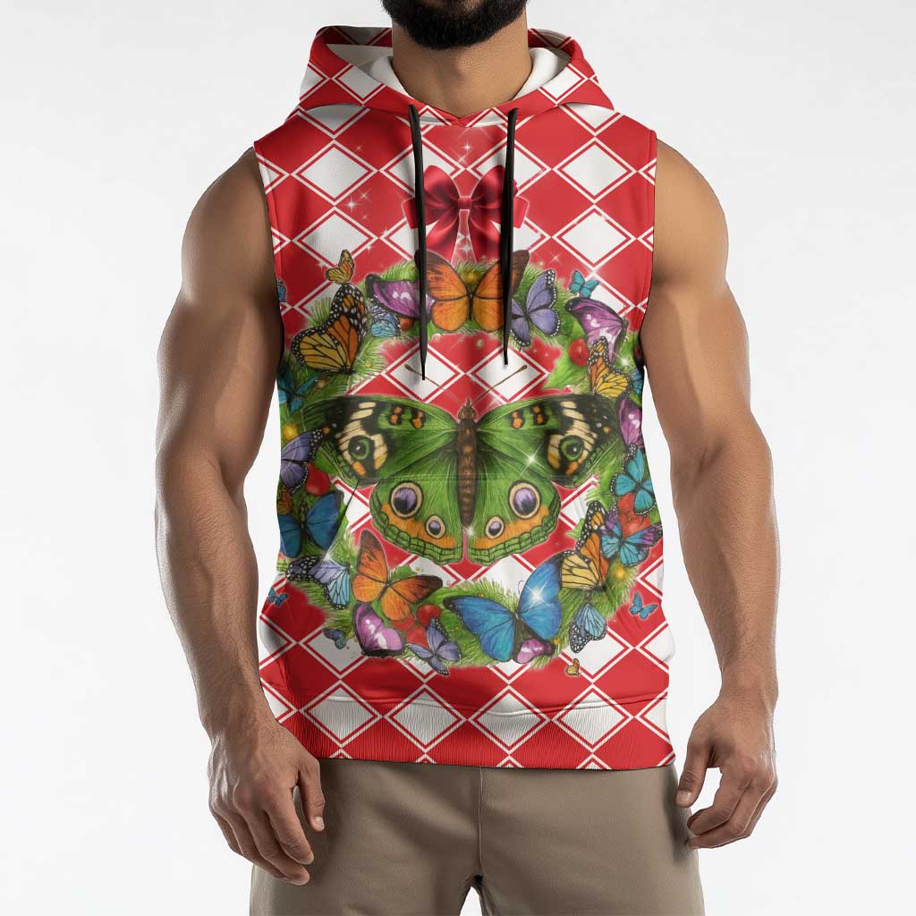 Christmas Butterfly Wreath Sleeveless Hoodie Xmas Holiday Patterns - Wonder Print Shop