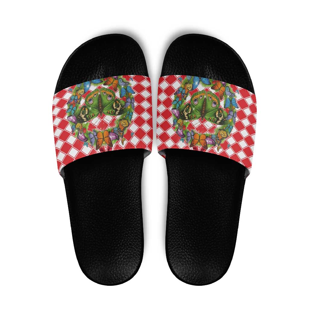 Christmas Butterfly Wreath Slide Sandals Xmas Holiday Patterns - Wonder Print Shop