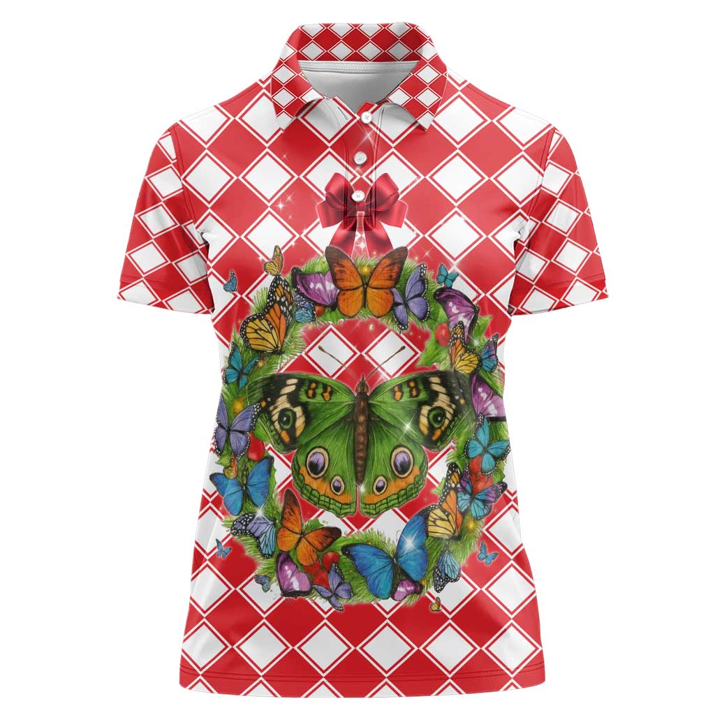 Christmas Butterfly Wreath Women Polo Shirt Xmas Holiday Patterns - Wonder Print Shop