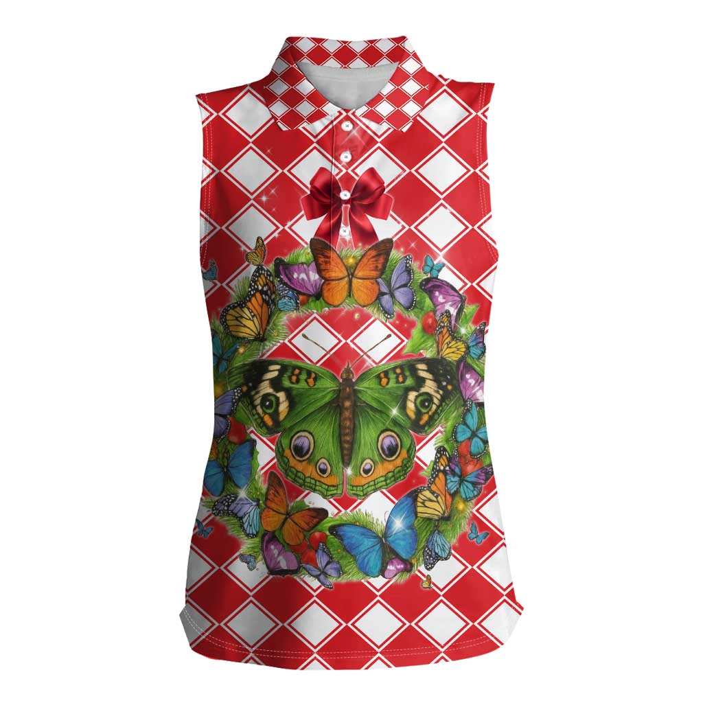 Christmas Butterfly Wreath Women Sleeveless Polo Shirt Xmas Holiday Patterns - Wonder Print Shop