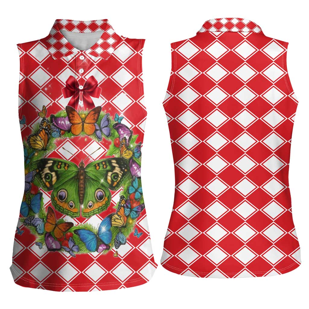 Christmas Butterfly Wreath Women Sleeveless Polo Shirt Xmas Holiday Patterns - Wonder Print Shop