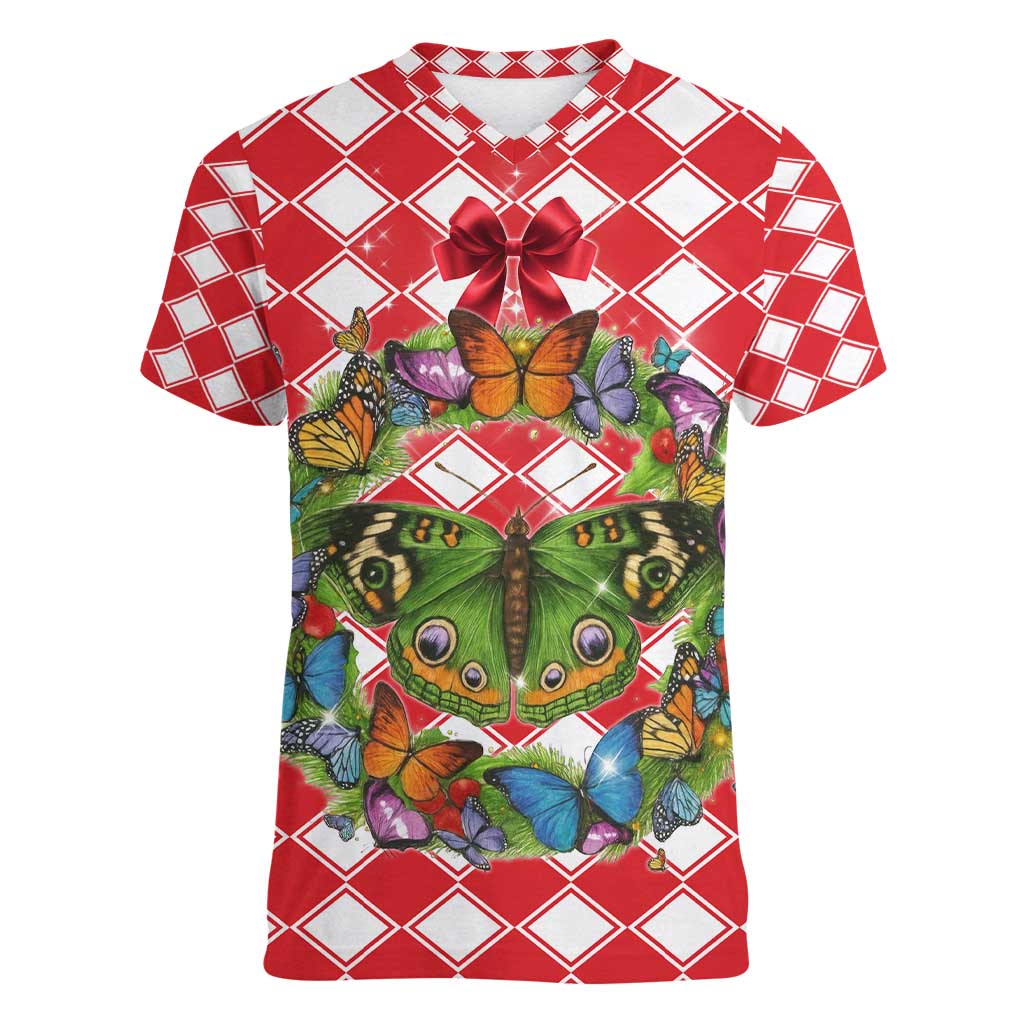 Christmas Butterfly Wreath Women V-Neck T-Shirt Xmas Holiday Patterns - Wonder Print Shop