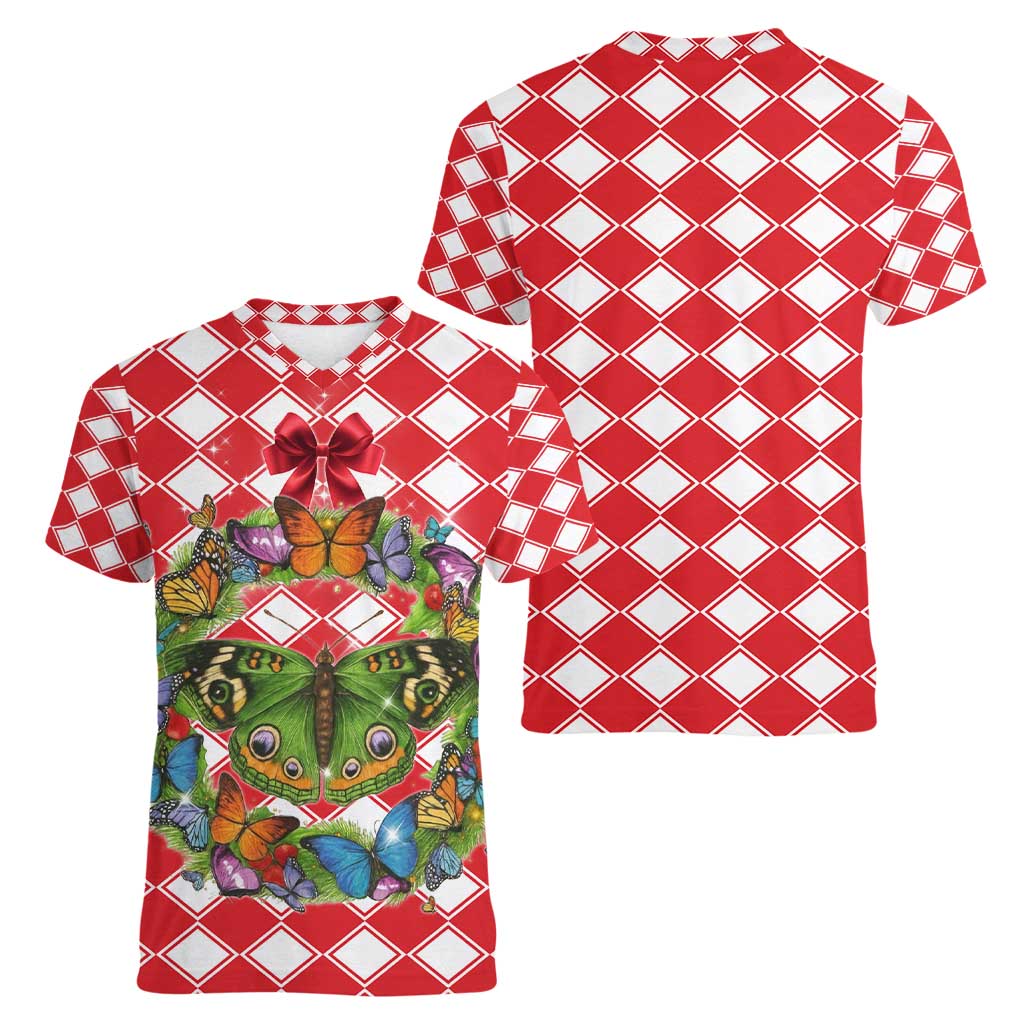 Christmas Butterfly Wreath Women V-Neck T-Shirt Xmas Holiday Patterns - Wonder Print Shop