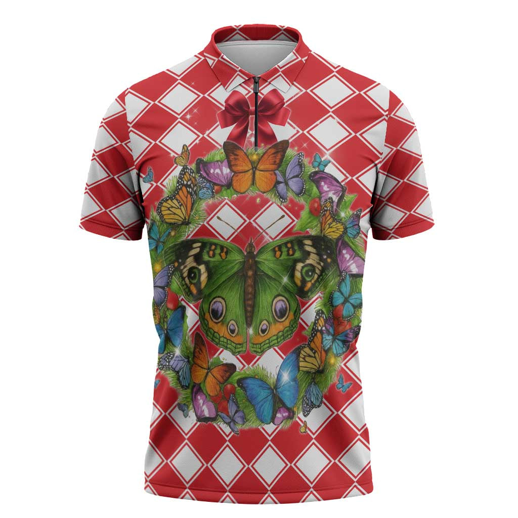 Christmas Butterfly Wreath Zipper Polo Shirt Xmas Holiday Patterns - Wonder Print Shop