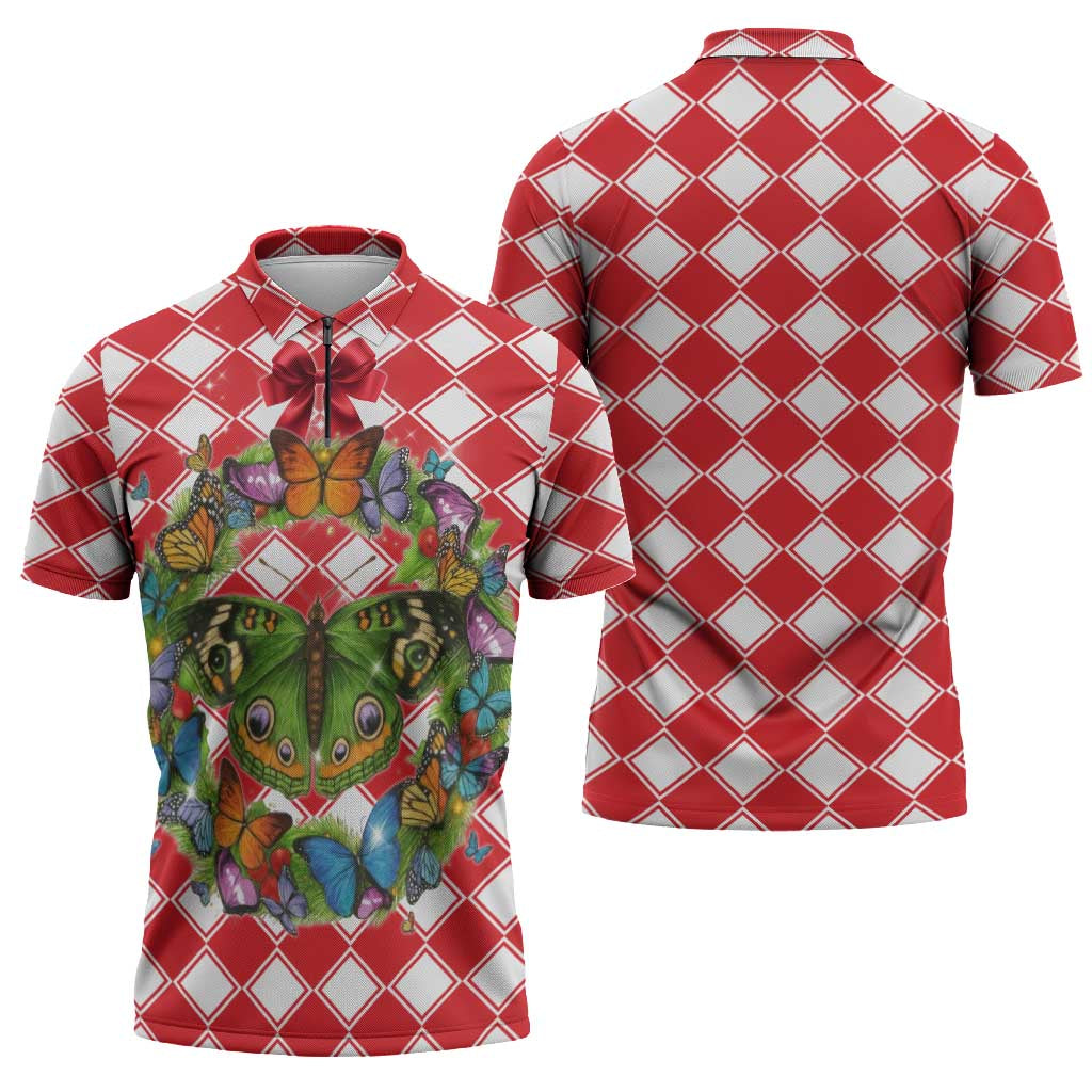 Christmas Butterfly Wreath Zipper Polo Shirt Xmas Holiday Patterns - Wonder Print Shop