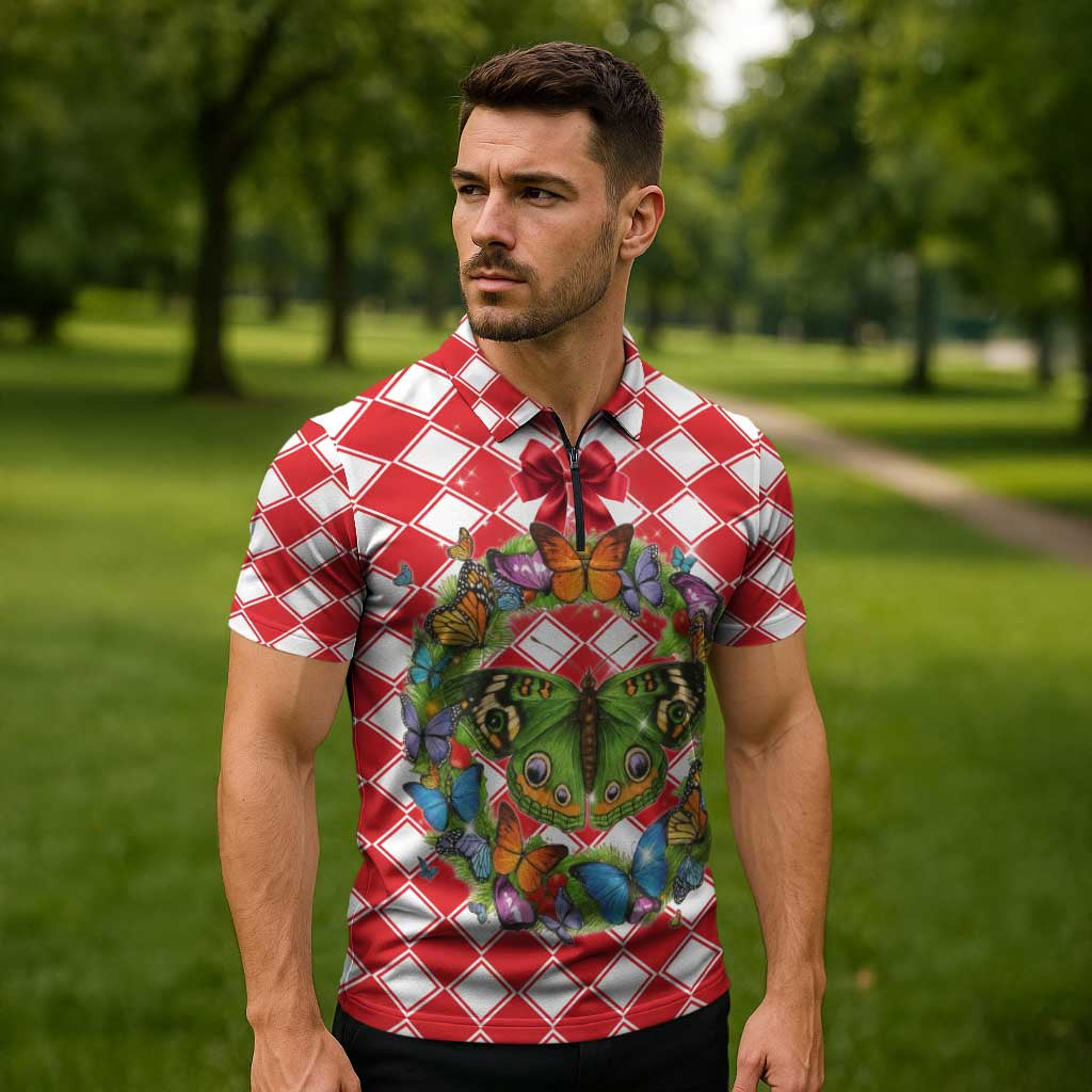 Christmas Butterfly Wreath Zipper Polo Shirt Xmas Holiday Patterns - Wonder Print Shop