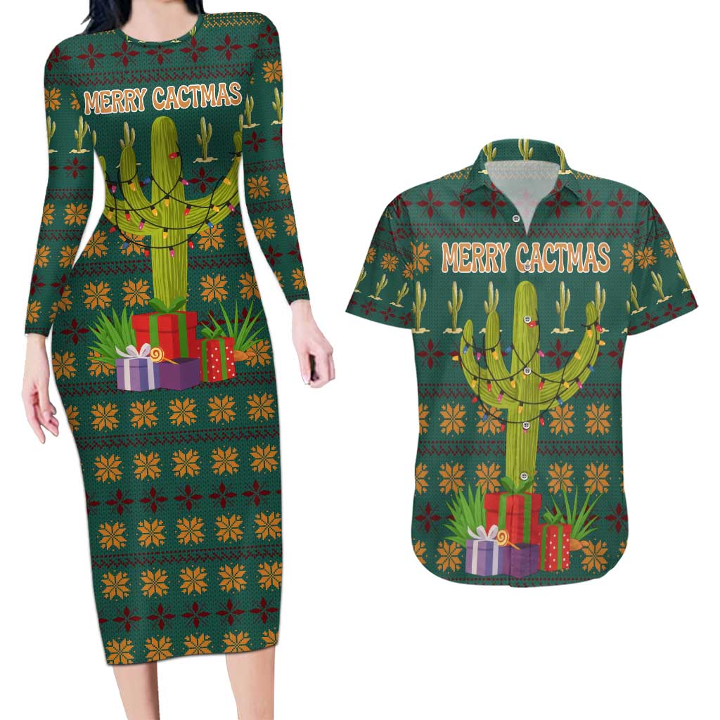 Cactus Gifts Christmas Couples Matching Long Sleeve Bodycon Dress and Hawaiian Shirt Xmas Holiday Patterns - Wonder Print Shop