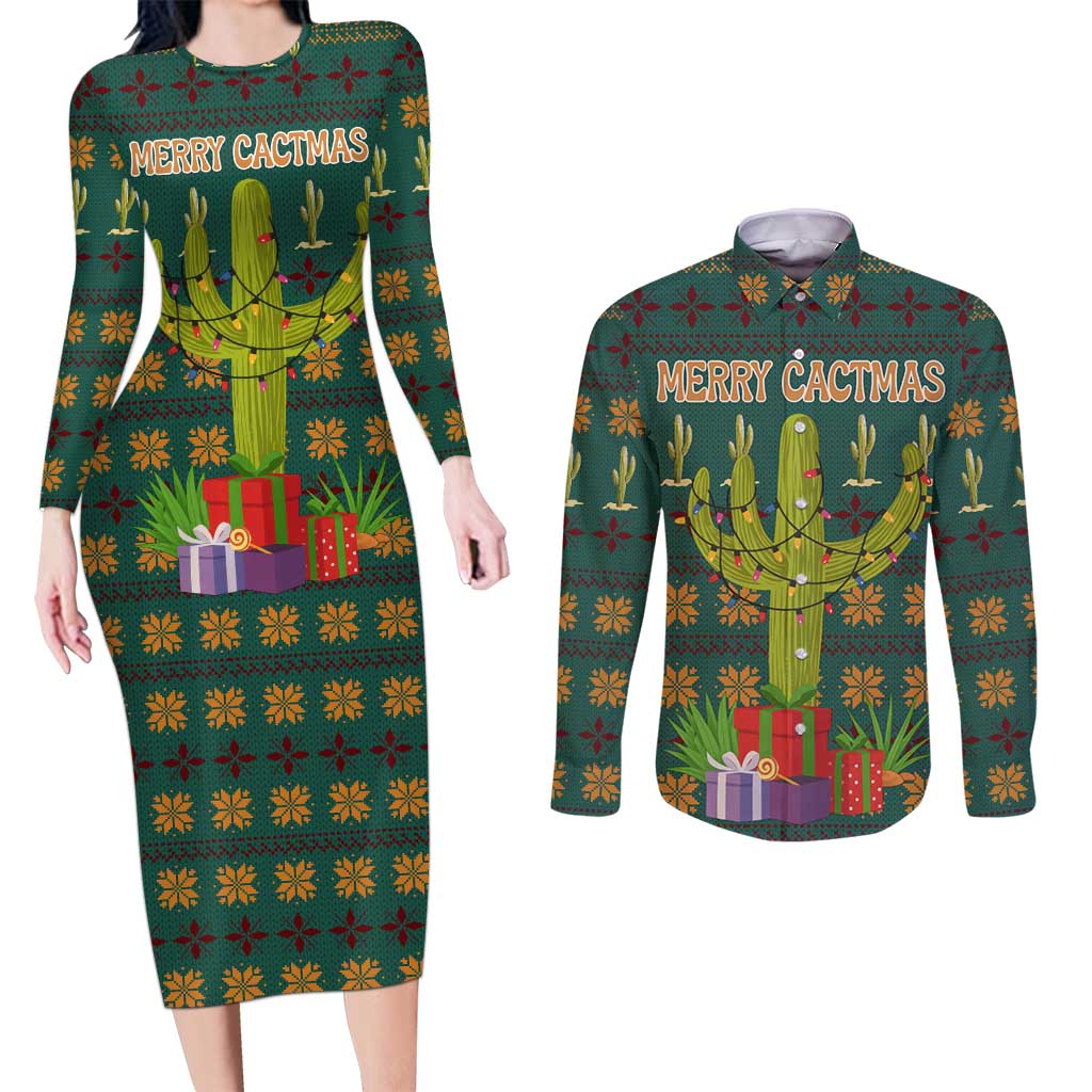 Cactus Gifts Christmas Couples Matching Long Sleeve Bodycon Dress and Long Sleeve Button Shirt Xmas Holiday Patterns - Wonder Print Shop