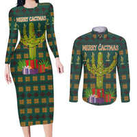 Cactus Gifts Christmas Couples Matching Long Sleeve Bodycon Dress and Long Sleeve Button Shirt Xmas Holiday Patterns - Wonder Print Shop