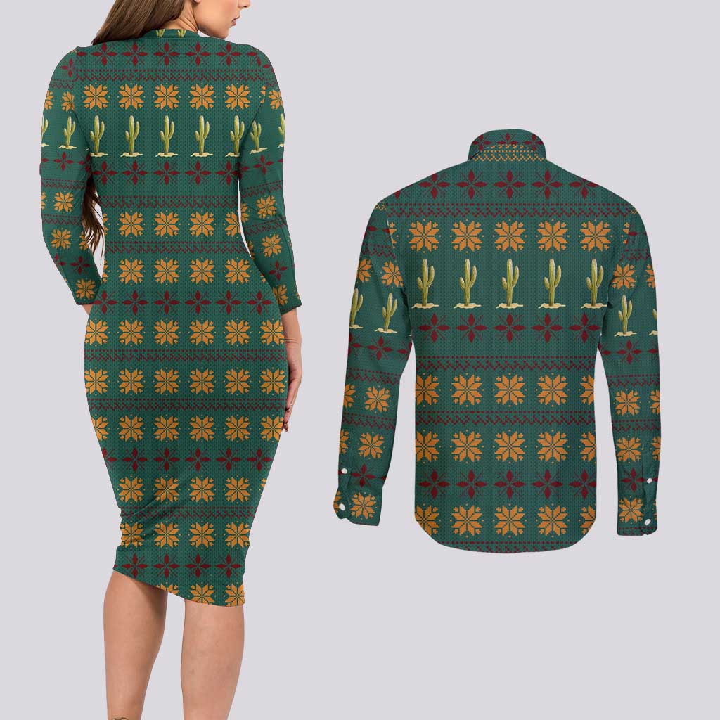 Cactus Gifts Christmas Couples Matching Long Sleeve Bodycon Dress and Long Sleeve Button Shirt Xmas Holiday Patterns - Wonder Print Shop