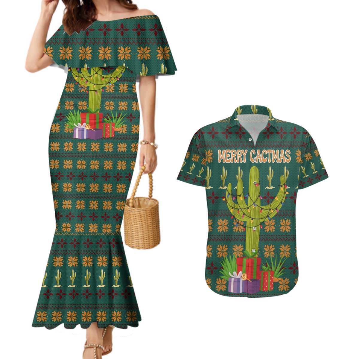 Cactus Gifts Christmas Couples Matching Mermaid Dress and Hawaiian Shirt Xmas Holiday Patterns - Wonder Print Shop