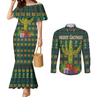 Cactus Gifts Christmas Couples Matching Mermaid Dress and Long Sleeve Button Shirt Xmas Holiday Patterns - Wonder Print Shop