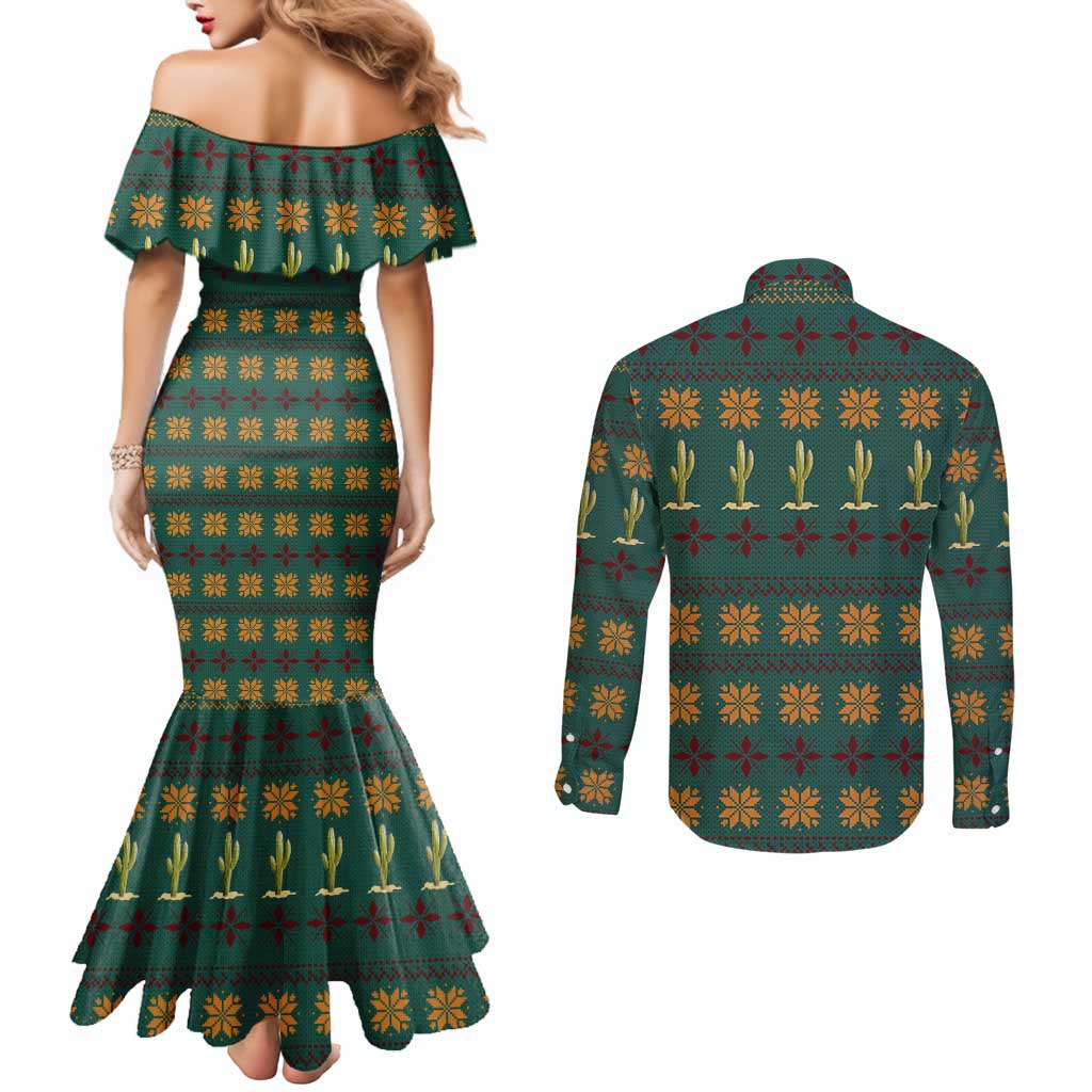 Cactus Gifts Christmas Couples Matching Mermaid Dress and Long Sleeve Button Shirt Xmas Holiday Patterns - Wonder Print Shop