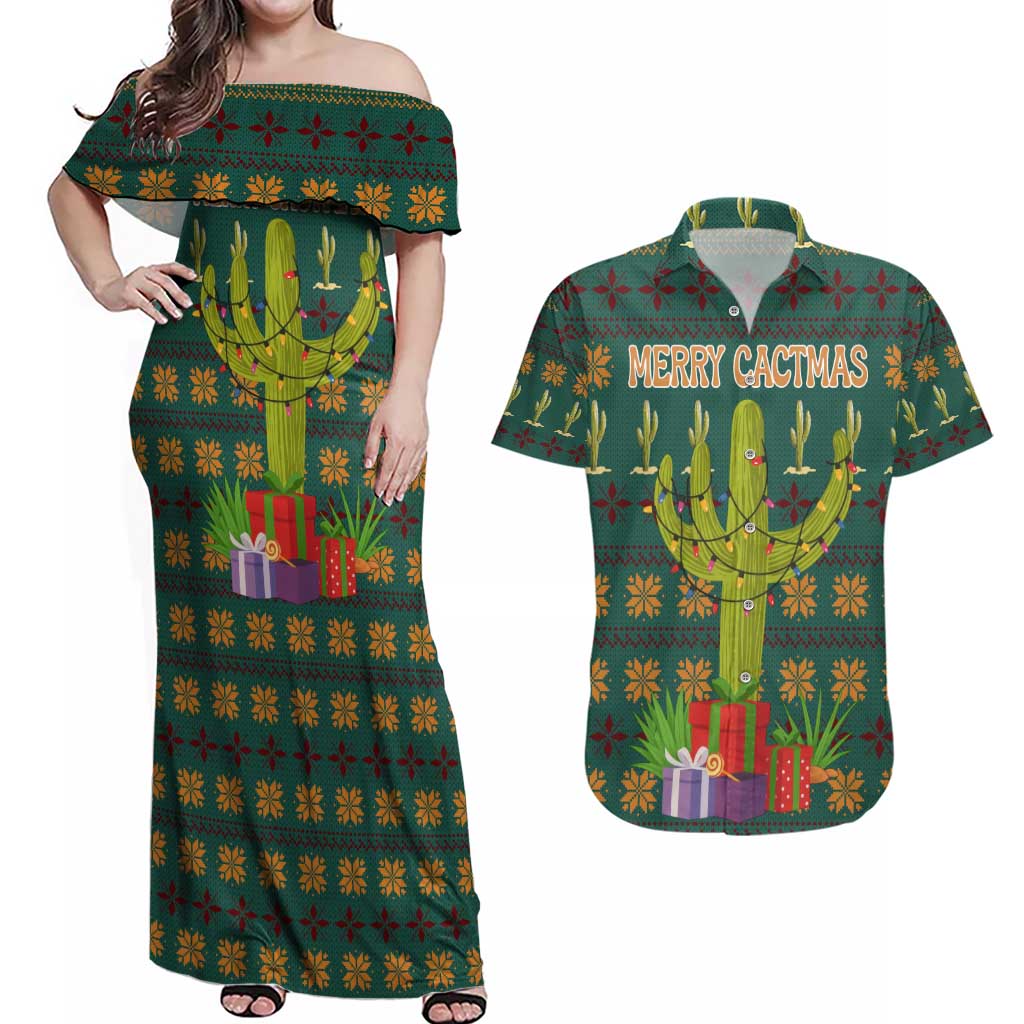 Cactus Gifts Christmas Couples Matching Off Shoulder Maxi Dress and Hawaiian Shirt Xmas Holiday Patterns - Wonder Print Shop
