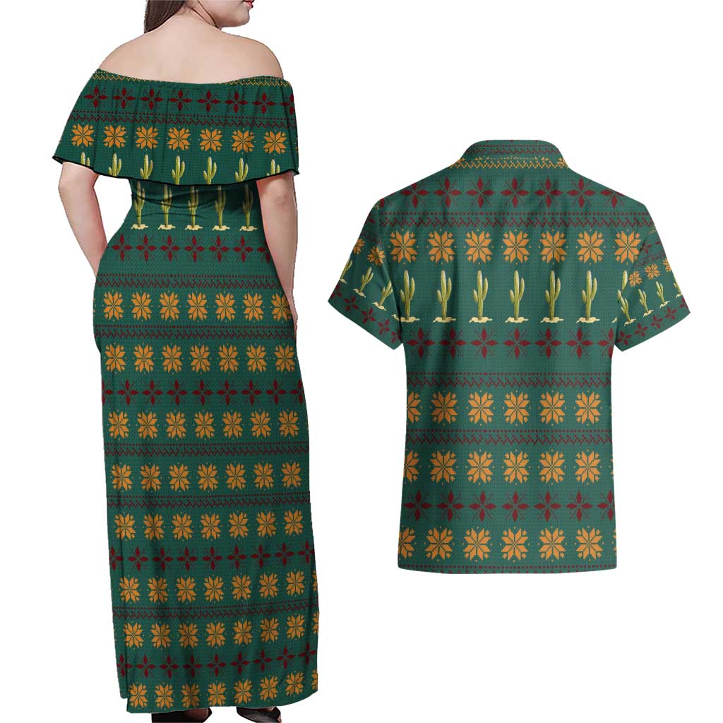 Cactus Gifts Christmas Couples Matching Off Shoulder Maxi Dress and Hawaiian Shirt Xmas Holiday Patterns - Wonder Print Shop